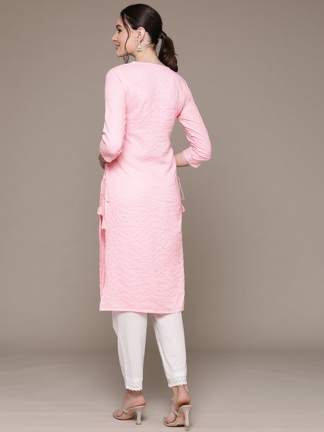 Straight Style Rayon Fabric Pink Color Kurti With Sequence & Embroidered Work