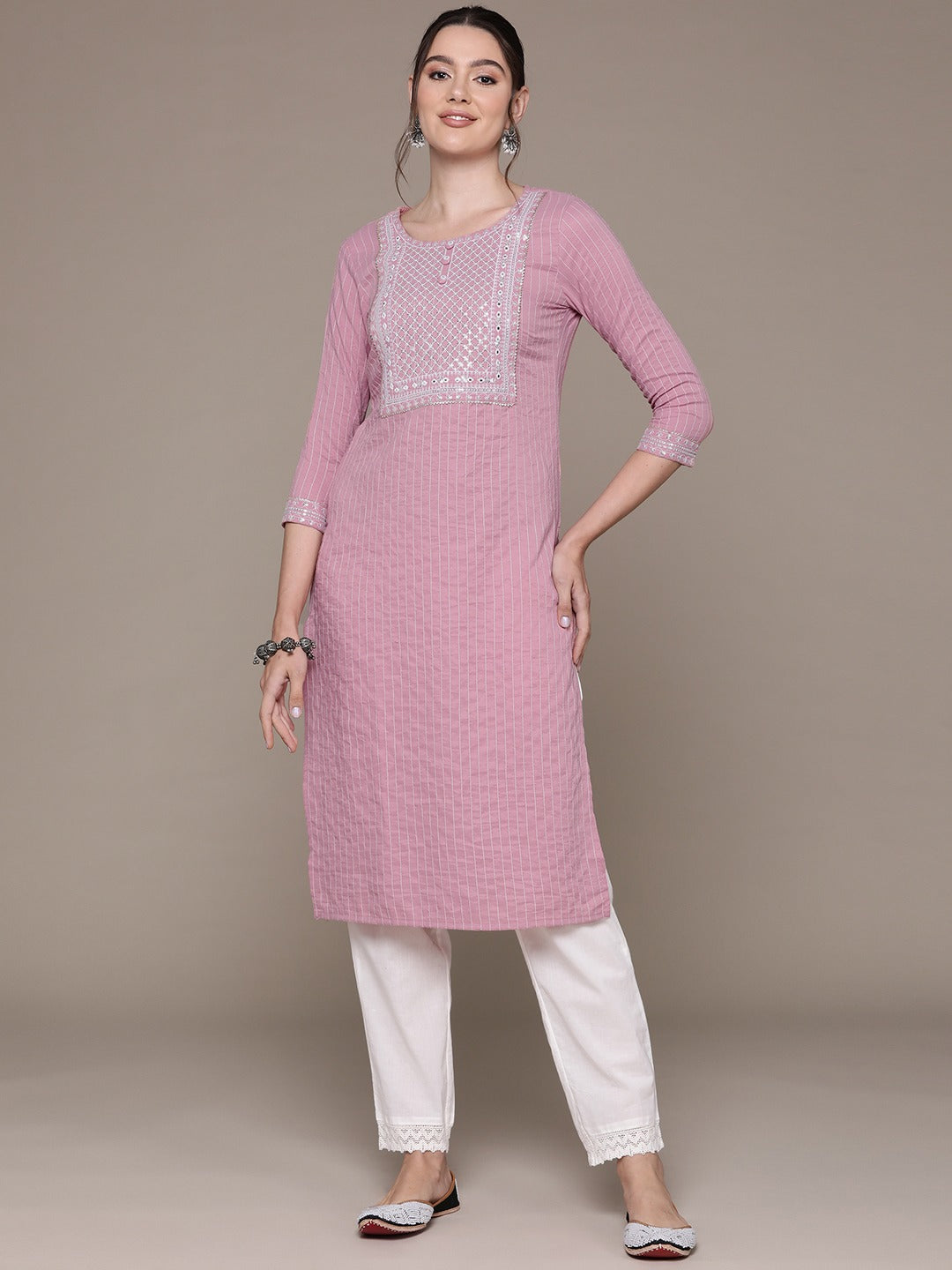 Straight Style Rayon Fabric Mauve Color Kurti With Sequence & Embroidered Work