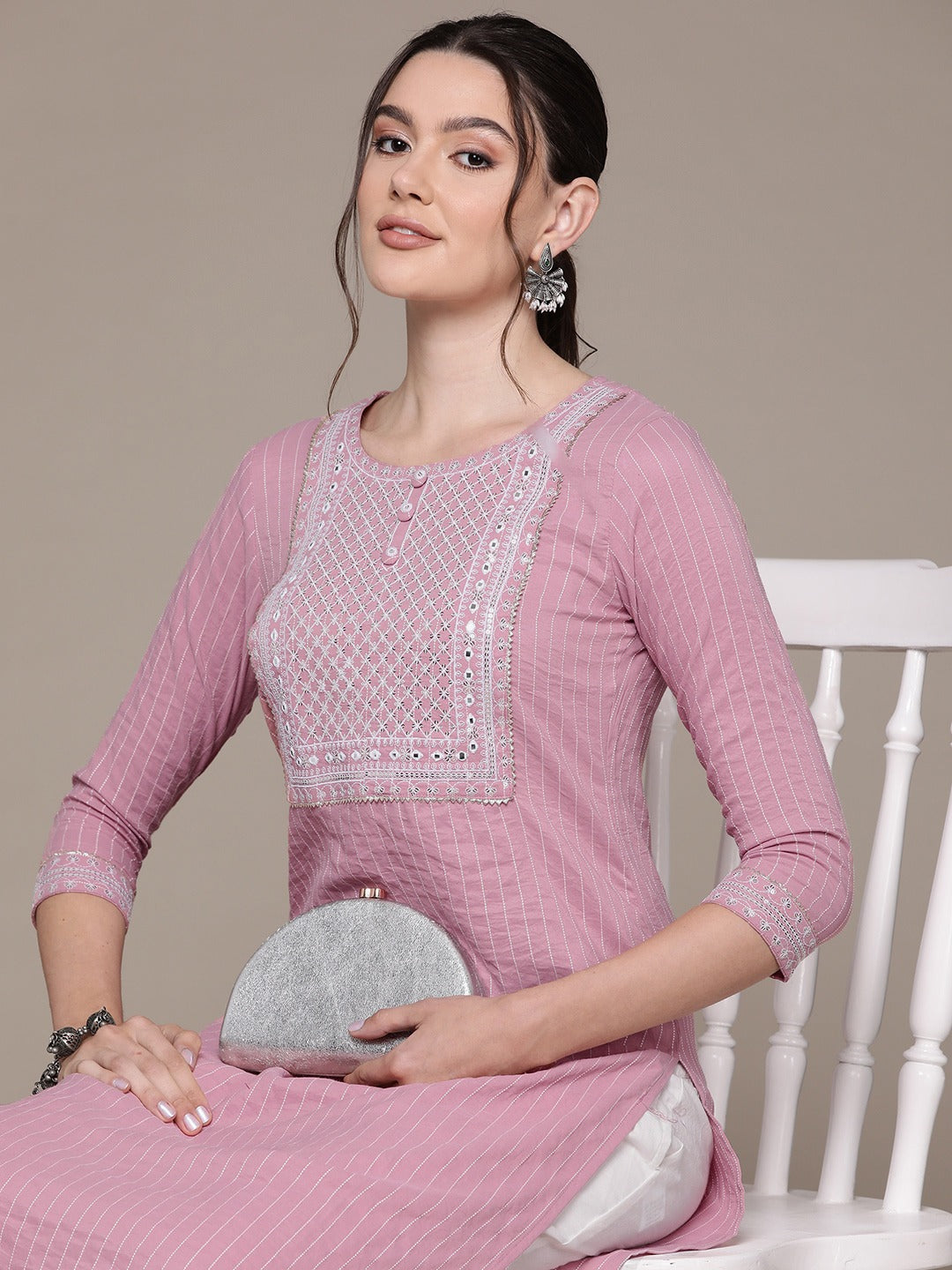 Straight Style Rayon Fabric Mauve Color Kurti With Sequence & Embroidered Work