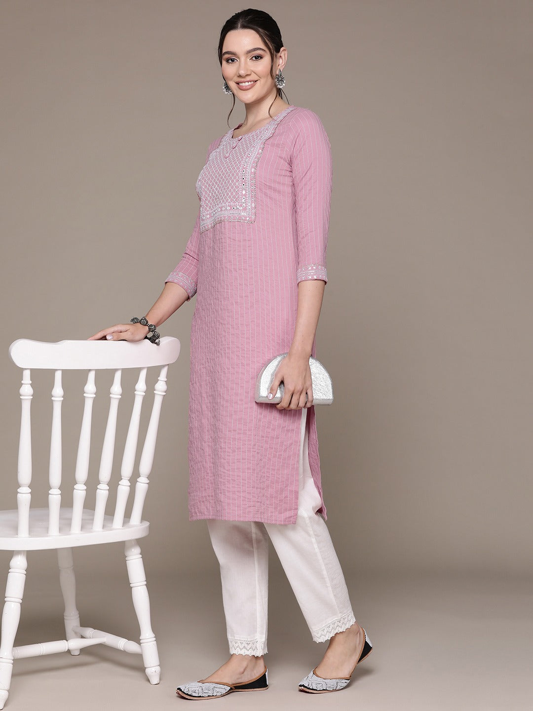 Straight Style Rayon Fabric Mauve Color Kurti With Sequence & Embroidered Work