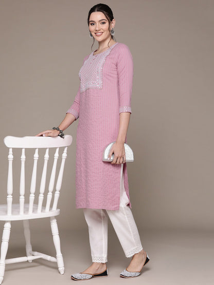 Straight Style Rayon Fabric Mauve Color Kurti With Sequence & Embroidered Work