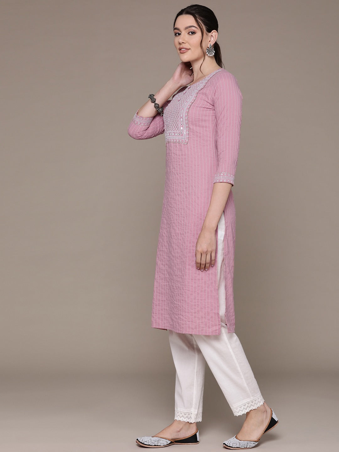 Straight Style Rayon Fabric Mauve Color Kurti With Sequence & Embroidered Work