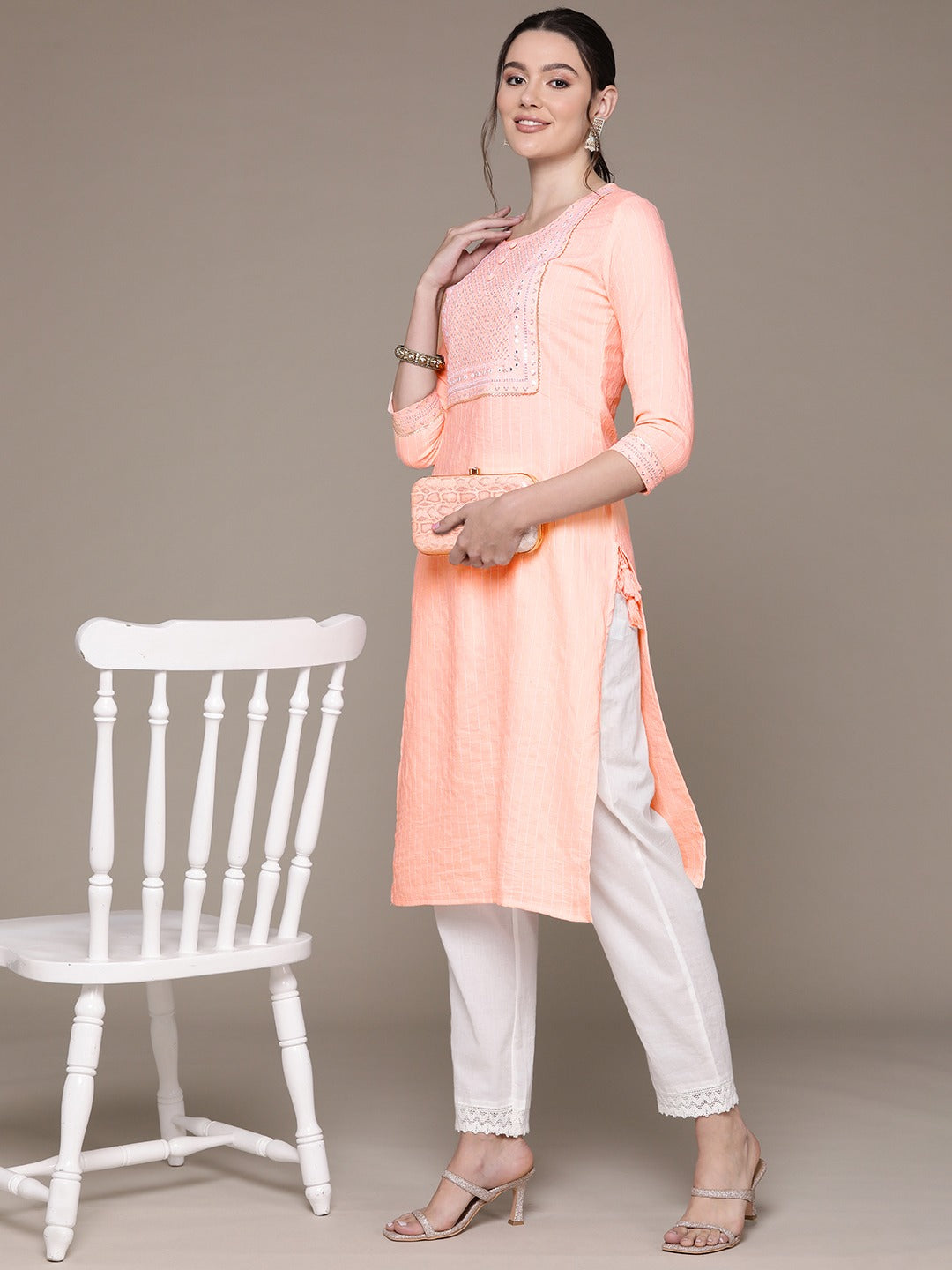 Straight Style Rayon Fabric Peach Color Kurti With Sequence & Embroidered Work