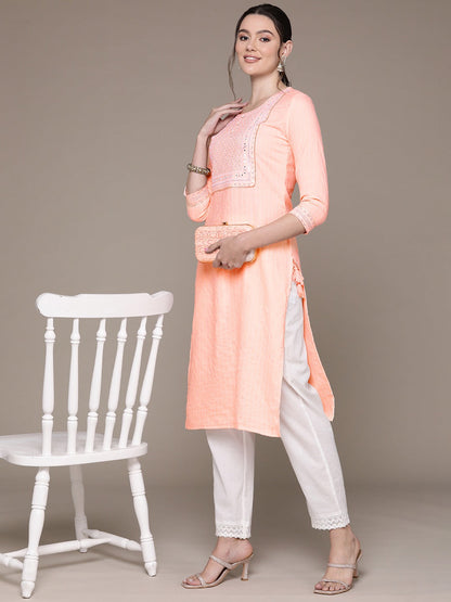 Straight Style Rayon Fabric Peach Color Kurti With Sequence & Embroidered Work