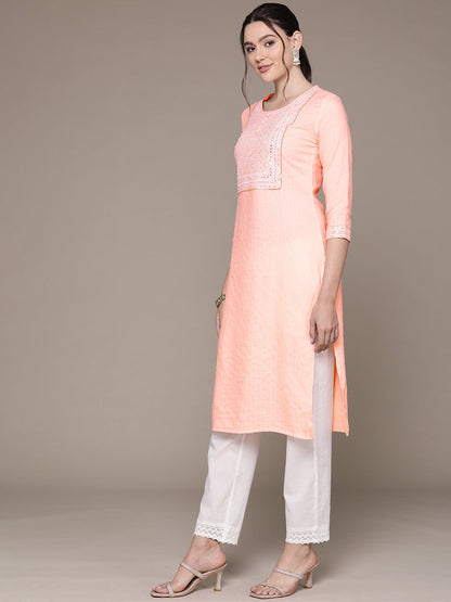 Straight Style Rayon Fabric Peach Color Kurti With Sequence & Embroidered Work