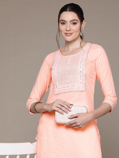 Straight Style Rayon Fabric Peach Color Kurti With Sequence & Embroidered Work