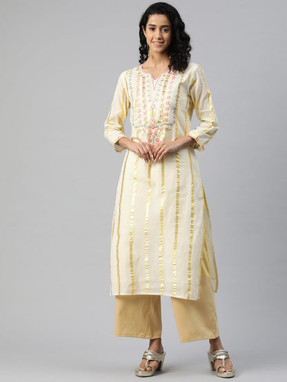 Straight Style Cotton Fabric Off White Color Kurti With Embroidered & Foil Print Work