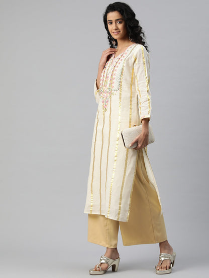 Straight Style Cotton Fabric Off White Color Kurti With Embroidered & Foil Print Work