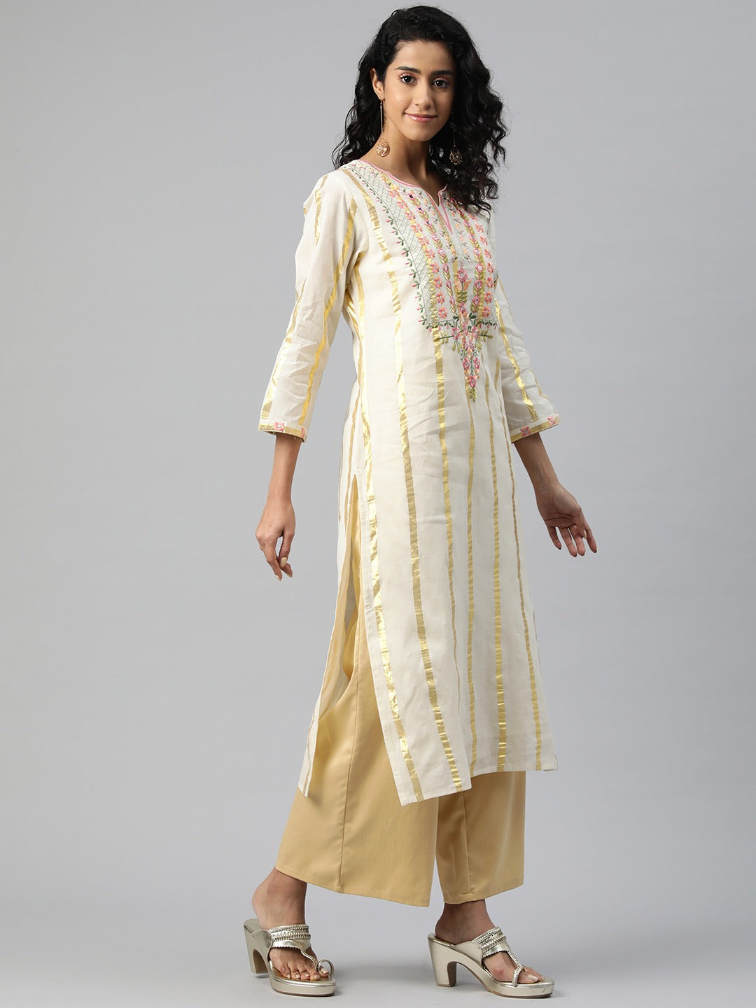 Straight Style Cotton Fabric Off White Color Kurti With Embroidered & Foil Print Work