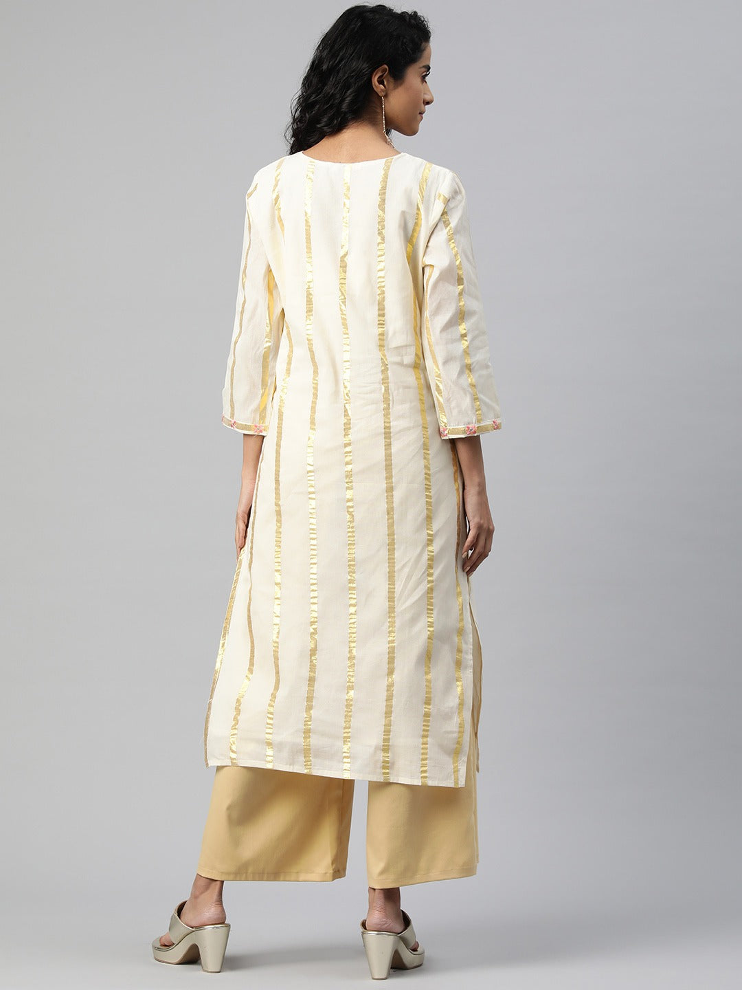 Straight Style Cotton Fabric Off White Color Kurti With Embroidered & Foil Print Work