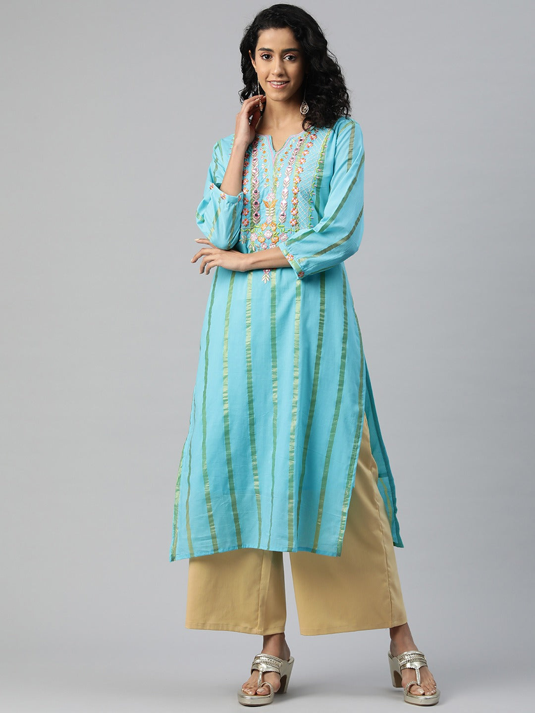 Straight Style Cotton Fabric Turquoise Blue Color Kurti With Embroidered & Foil Print Work