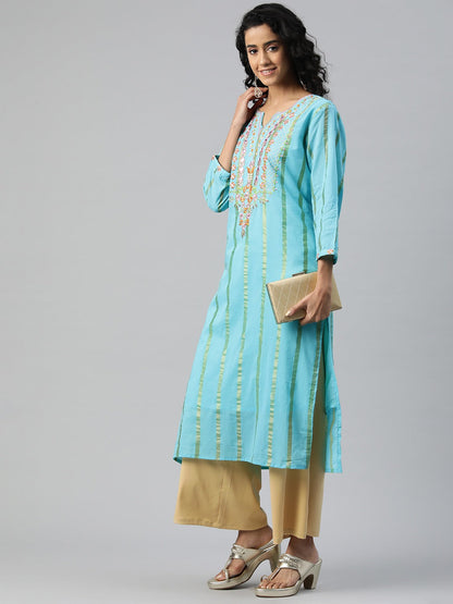 Straight Style Cotton Fabric Turquoise Blue Color Kurti With Embroidered & Foil Print Work