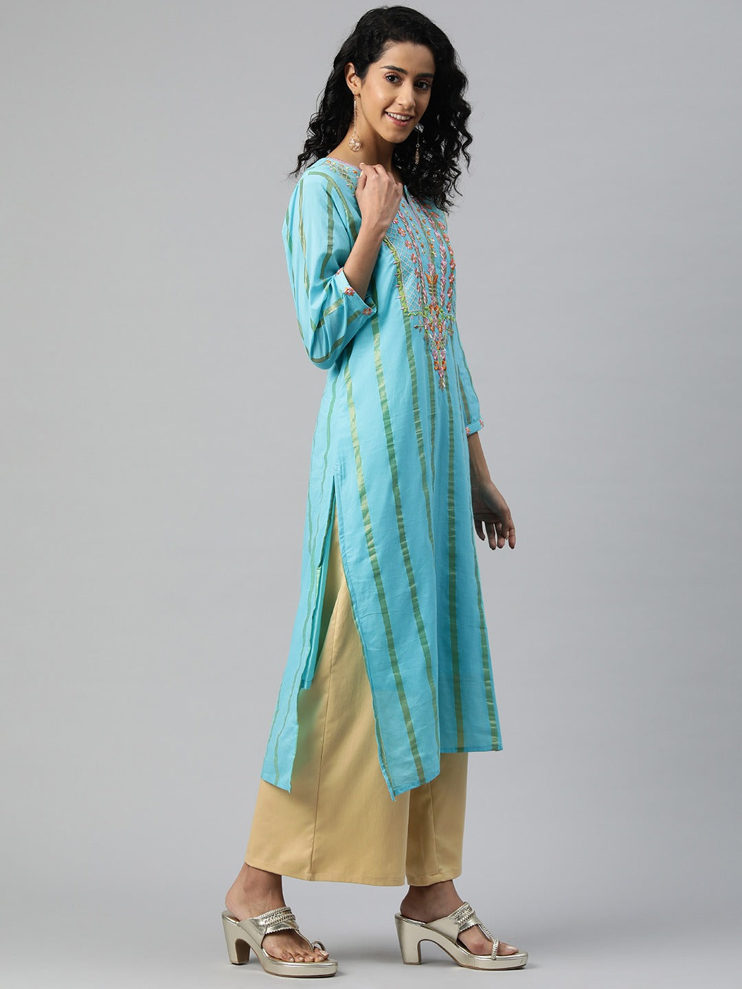 Straight Style Cotton Fabric Turquoise Blue Color Kurti With Embroidered & Foil Print Work