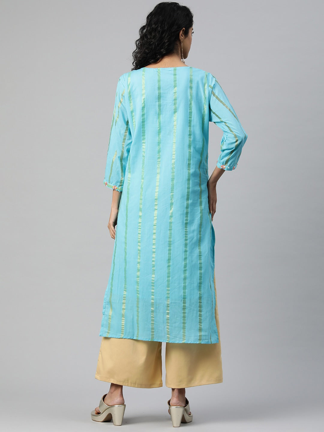 Straight Style Cotton Fabric Turquoise Blue Color Kurti With Embroidered & Foil Print Work