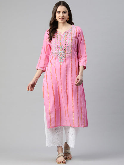 Straight Style Cotton Fabric Pink Color Kurti With Embroidered & Foil Print Work