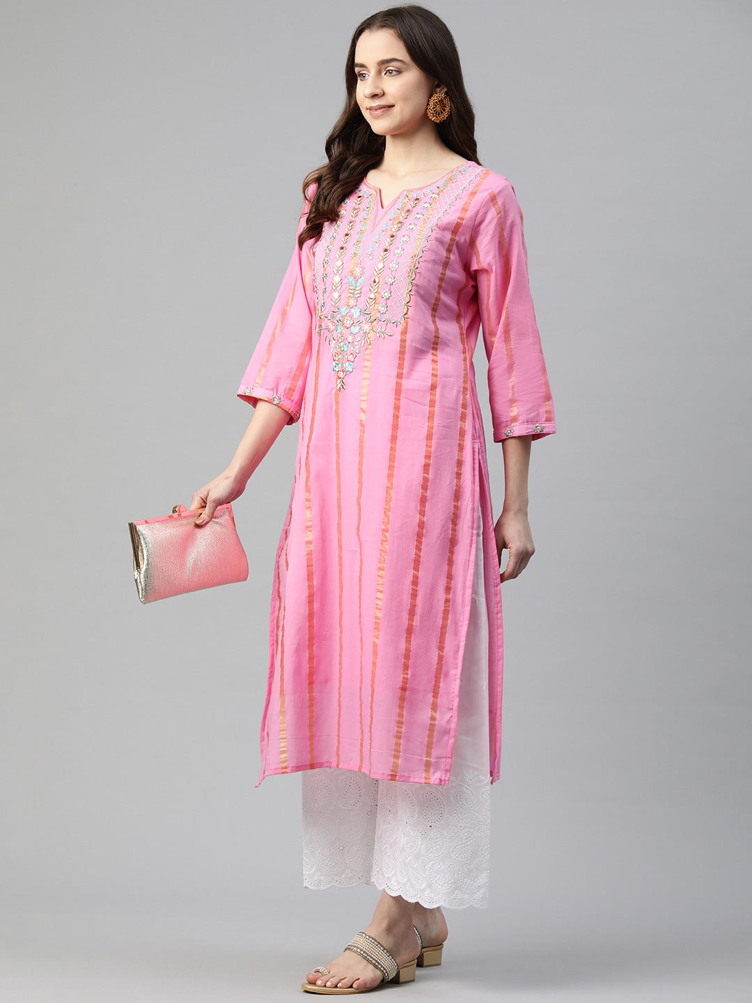 Straight Style Cotton Fabric Pink Color Kurti With Embroidered & Foil Print Work