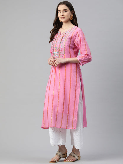 Straight Style Cotton Fabric Pink Color Kurti With Embroidered & Foil Print Work