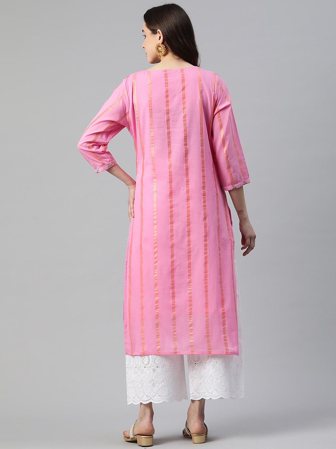 Straight Style Cotton Fabric Pink Color Kurti With Embroidered & Foil Print Work