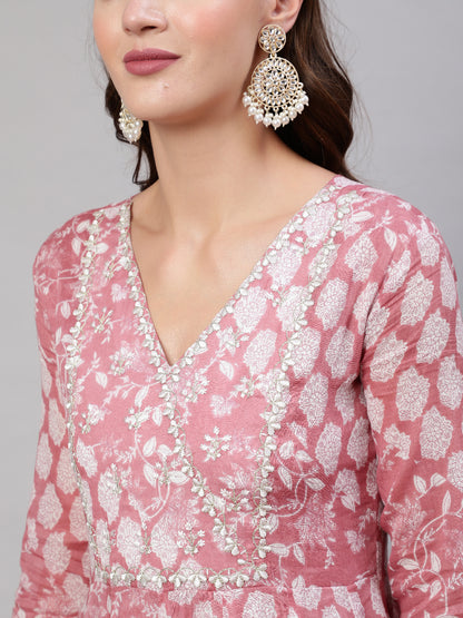 Cotton Ankle Length Flared 3/4 Sleeves Printed & Embroidery  Round Neck Kurta