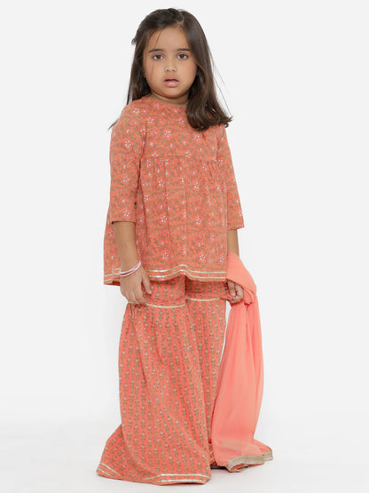 Frock Style Cotton Fabric Peach Color Floral Printed Kurta With Sharara And Dupatta With Gotta Lace