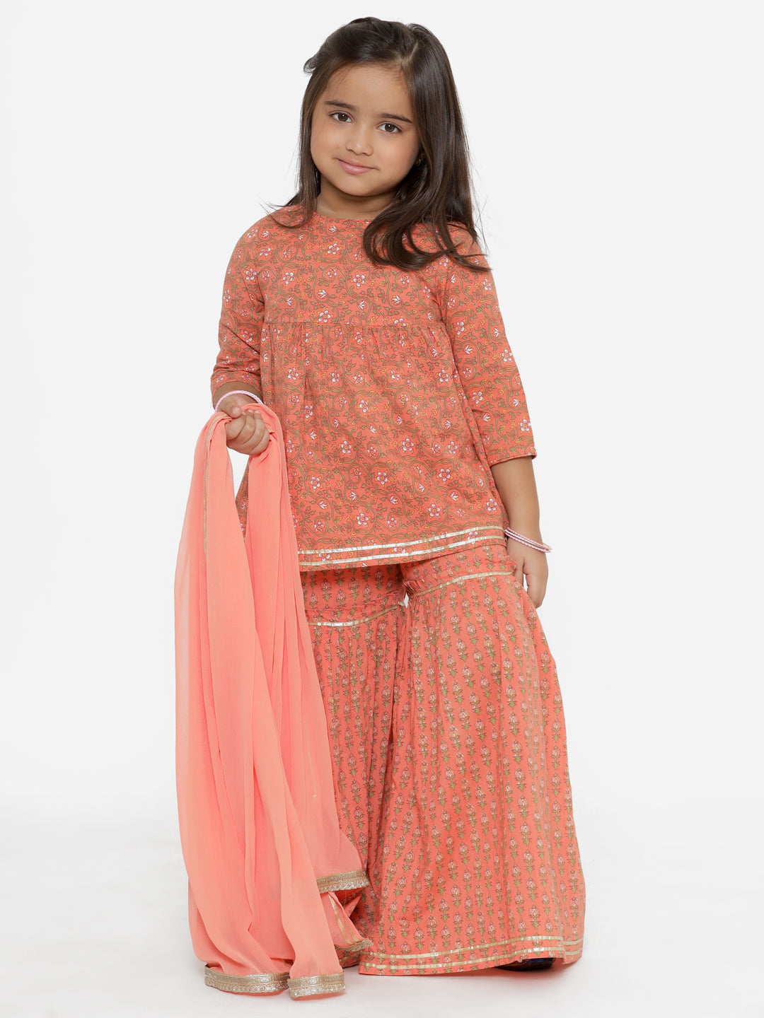 Frock Style Cotton Fabric Peach Color Floral Printed Kurta With Sharara And Dupatta With Gotta Lace