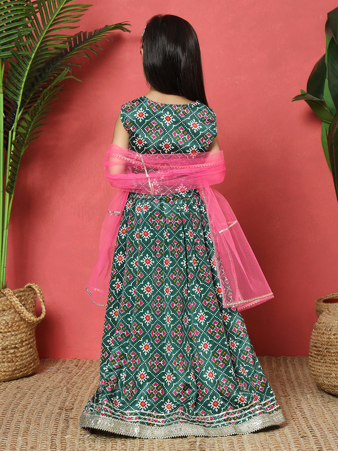 Straight Style Green Color Chanderi Fabric Printed Choli And Lehenga With Gotta And Lace Work And Net Fabric Magenta Color Dupatta