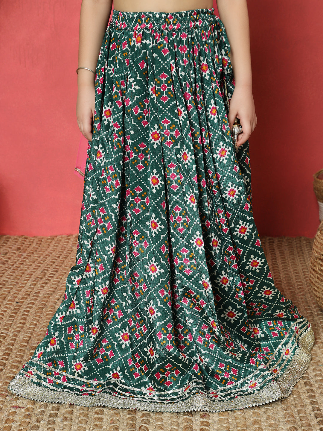 Straight Style Green Color Chanderi Fabric Printed Choli And Lehenga With Gotta And Lace Work And Net Fabric Magenta Color Dupatta