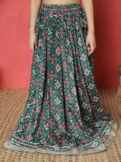 Straight Style Green Color Chanderi Fabric Printed Choli And Lehenga With Gotta And Lace Work And Net Fabric Magenta Color Dupatta