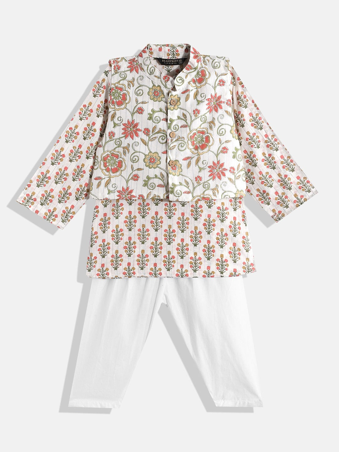 Boys Cotton Fabric Cream Color Floral Printed Kurta With Nehru Jacket And White Color Pyjama With Gota Lace Work