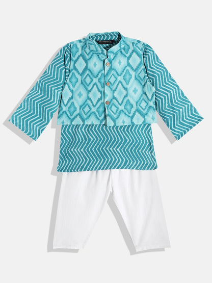 Boys Cotton Fabric Turquoise Blue Color Printed Kurta With Nehru Jacket And White Color Pyjama