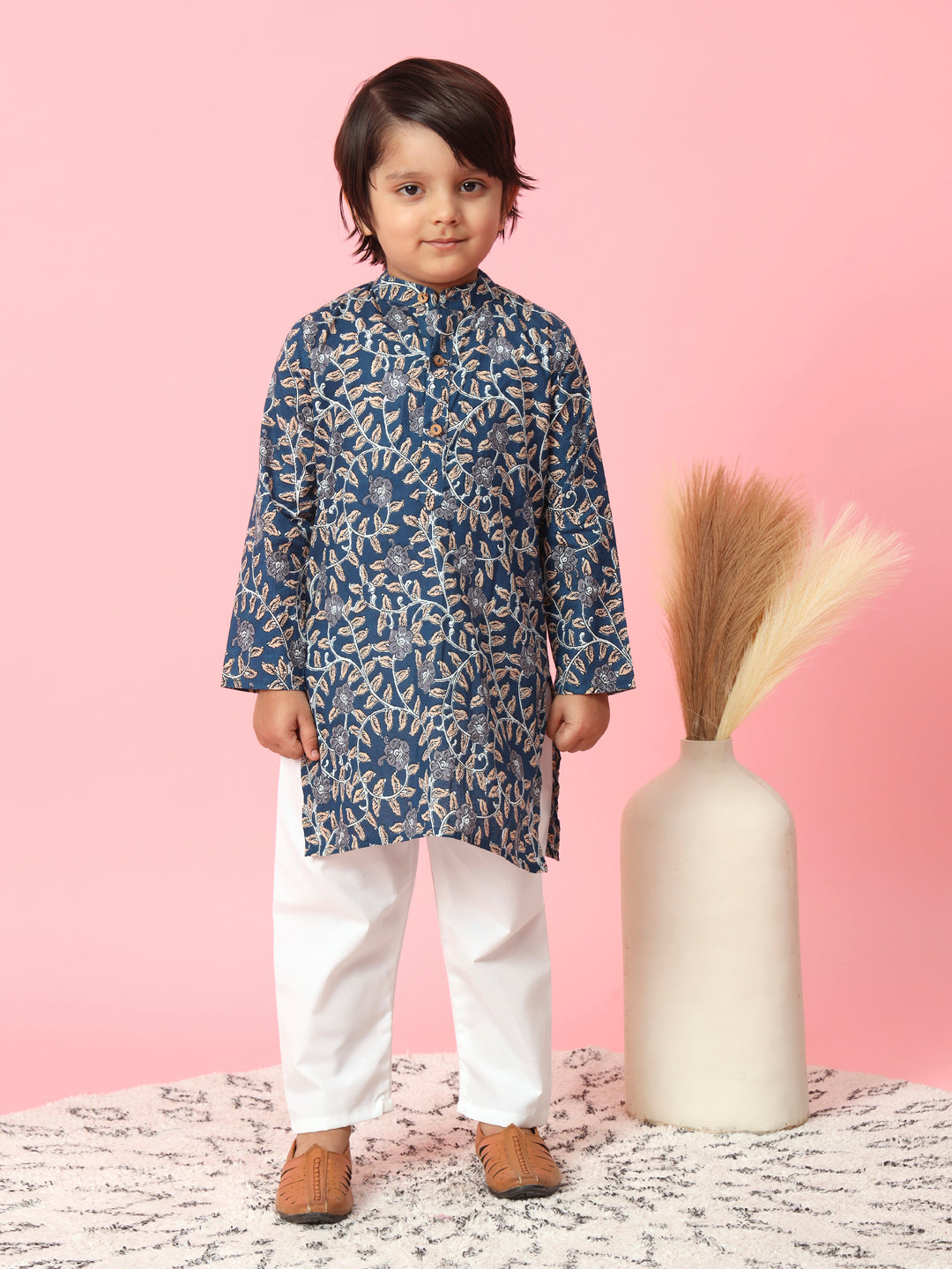 Boys Cotton Fabric Blue Color Printed Kurta With Nehru Jacket And White Color Pyjama