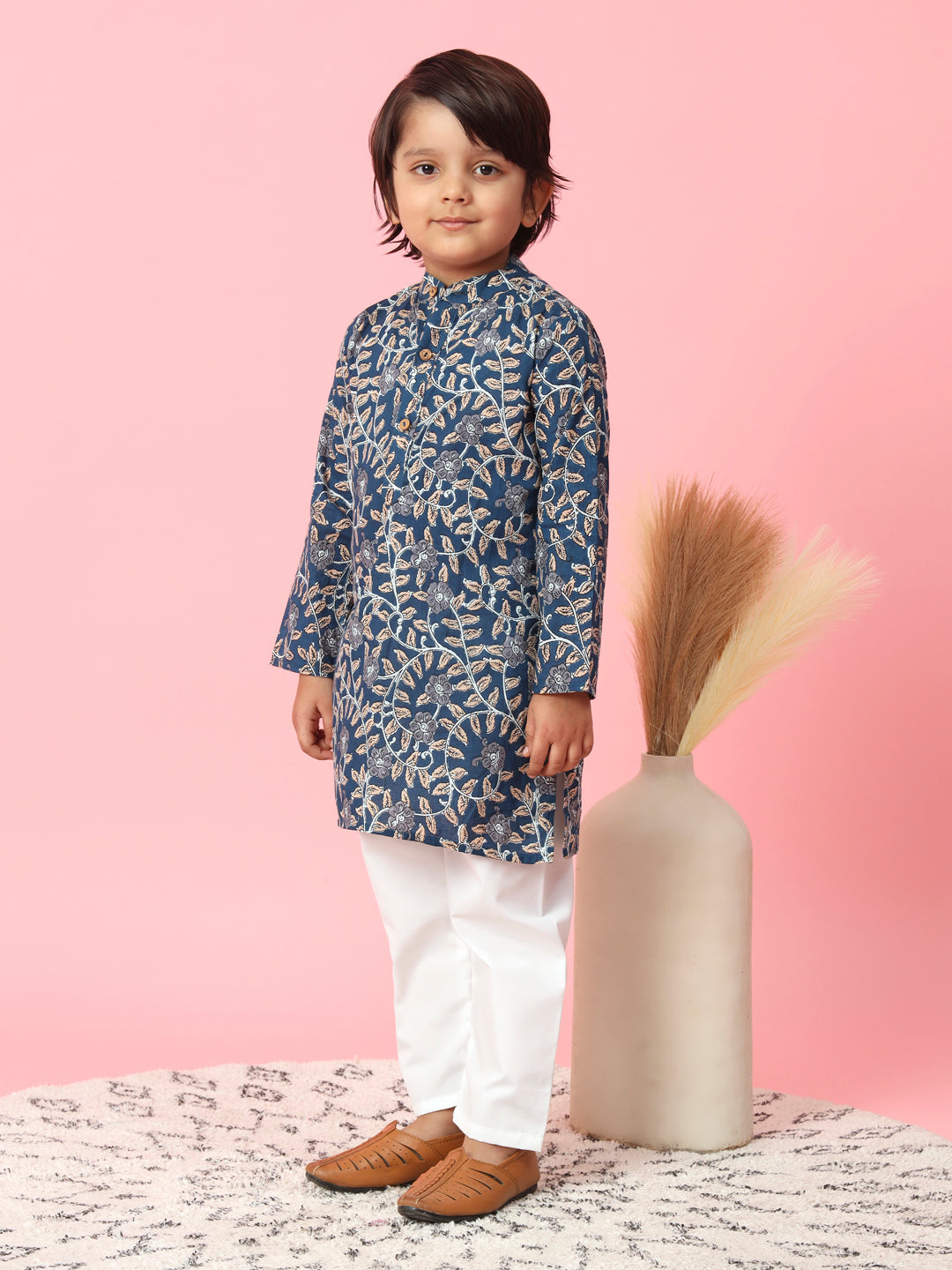 Boys Cotton Fabric Blue Color Printed Kurta With Nehru Jacket And White Color Pyjama