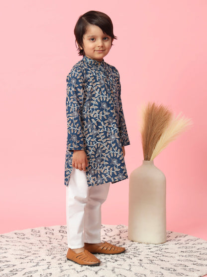 Boys Cotton Fabric Blue Color Printed Kurta With Nehru Jacket And White Color Pyjama