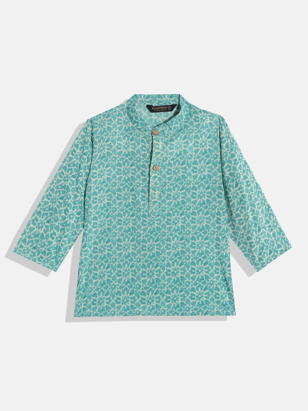 Boys Cotton Fabric Turquoise Blue Color Printed Kurta With Wooden Buttons And White Color Pyjama With Nehru Jacket