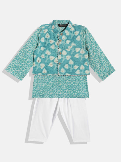 Boys Cotton Fabric Turquoise Blue Color Printed Kurta With Wooden Buttons And White Color Pyjama With Nehru Jacket