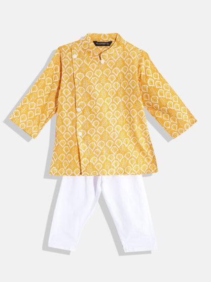 Boys Straight Style Cotton Fabric Yellow Color Indie Printed Kurta With White Color Pyjama