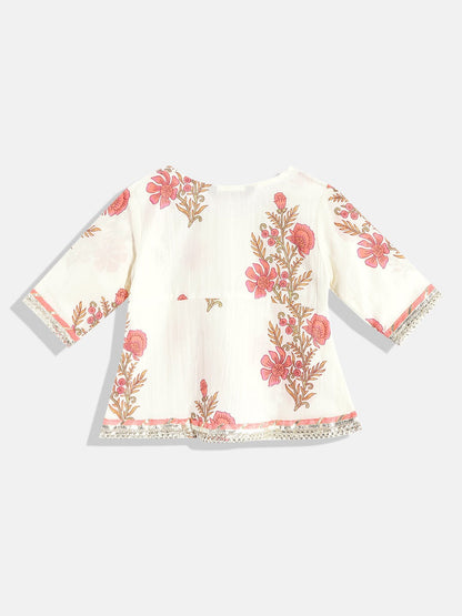 A Line Style Cotton Fabric Cream Color Floral Printed Kurta And Sharara With Gotta Lace