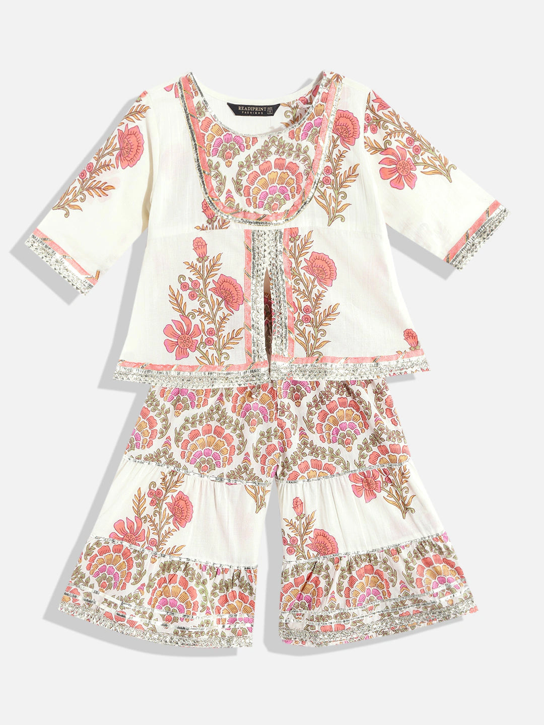 A Line Style Cotton Fabric Cream Color Floral Printed Kurta And Sharara With Gotta Lace