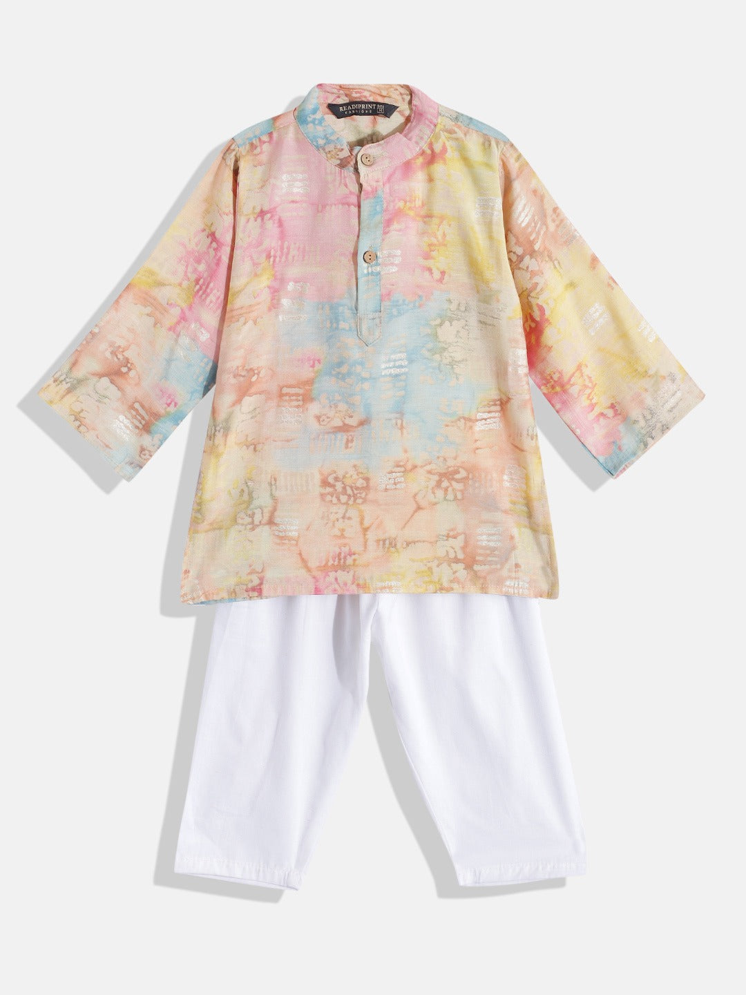 Boys Straight Style Cotton Fabric Multi Color Printed Kurta With White Color Pyjama