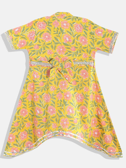 A Line Cotton Fabric Yellow Color Floral Print Dress With Gotta Work At Neck & Bottom