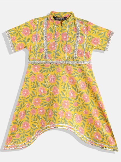 A Line Cotton Fabric Yellow Color Floral Print Dress With Gotta Work At Neck & Bottom