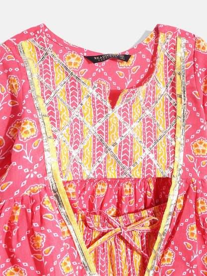 Frock Style Cotton Fabric Red Color Floral Printed Top And Sharara With Gotta Work