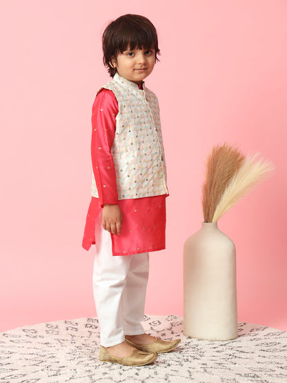 Straight Style Silk Fabric Pink Color Kurta & Jacket With Mirror & Thread Work & Pyjama Pant