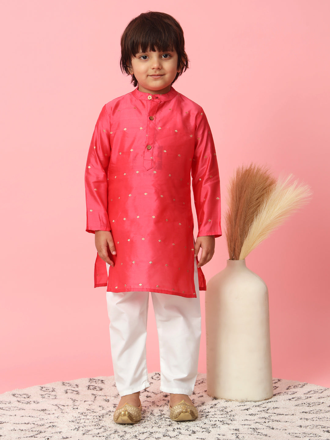 Straight Style Silk Fabric Pink Color Kurta & Jacket With Mirror & Thread Work & Pyjama Pant