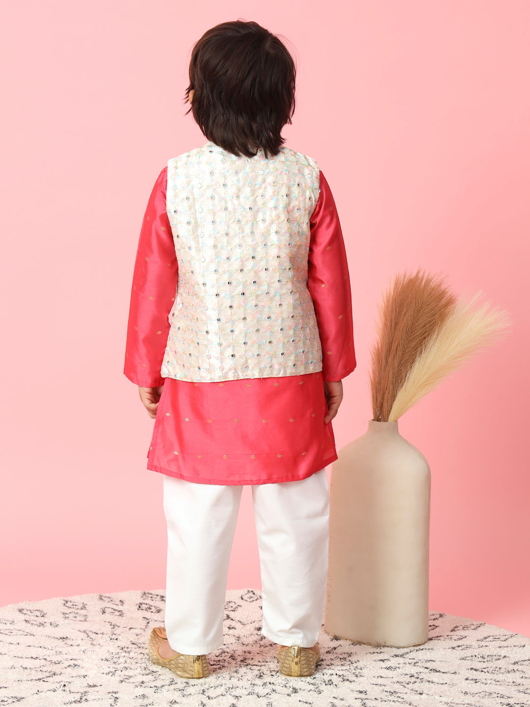 Straight Style Silk Fabric Pink Color Kurta & Jacket With Mirror & Thread Work & Pyjama Pant