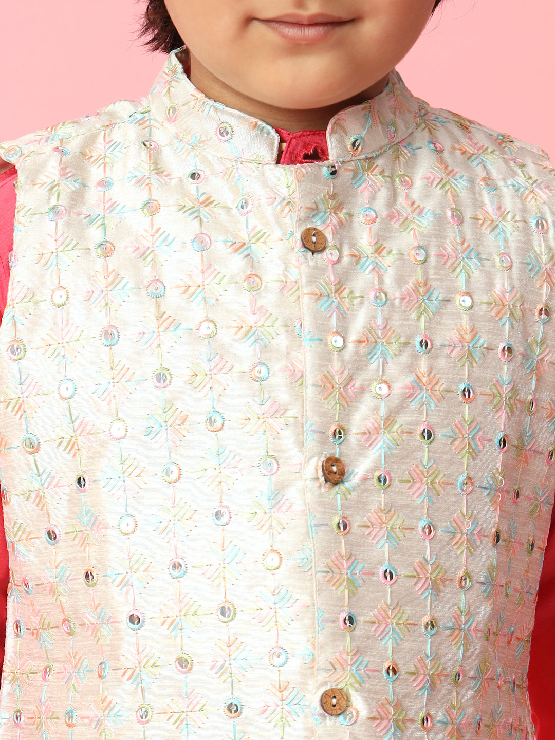 Straight Style Silk Fabric Pink Color Kurta & Jacket With Mirror & Thread Work & Pyjama Pant