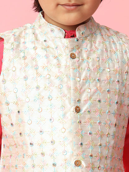 Straight Style Silk Fabric Pink Color Kurta & Jacket With Mirror & Thread Work & Pyjama Pant