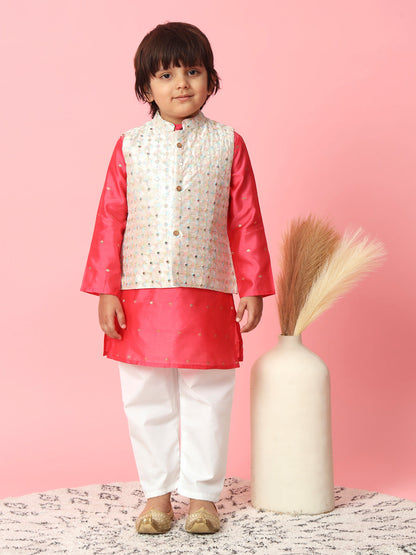 Straight Style Silk Fabric Pink Color Kurta & Jacket With Mirror & Thread Work & Pyjama Pant