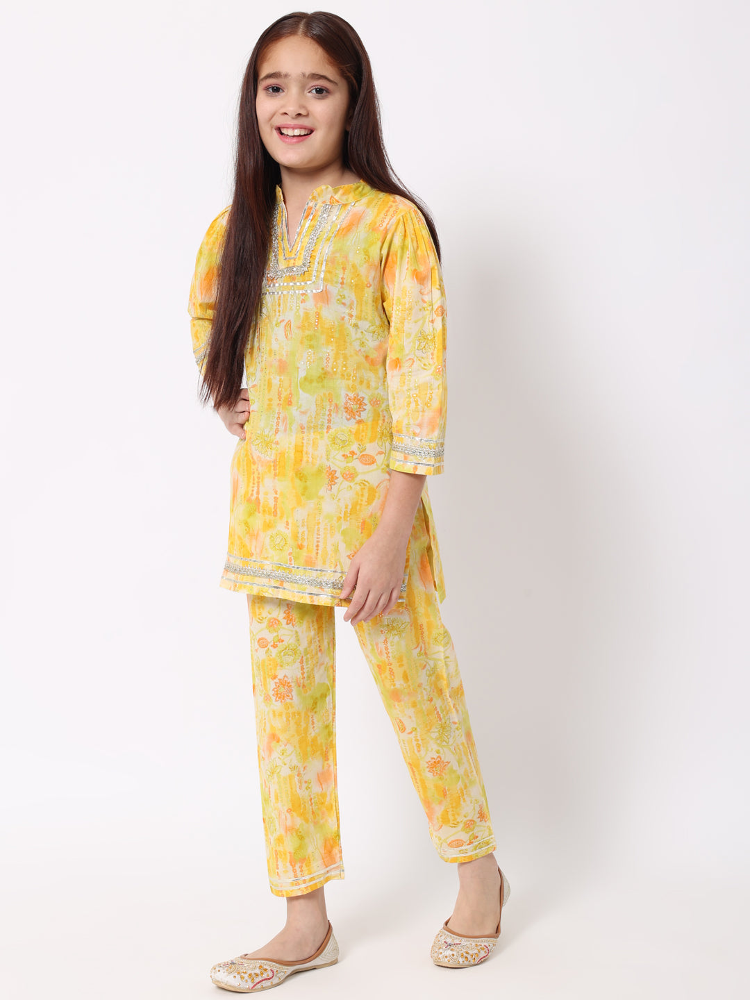 Straight Style Cotton Fabric Yellow Color Printed Kurti And Bottom With Gota Work