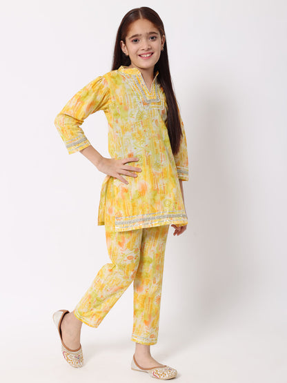 Straight Style Cotton Fabric Yellow Color Printed Kurti And Bottom With Gota Work